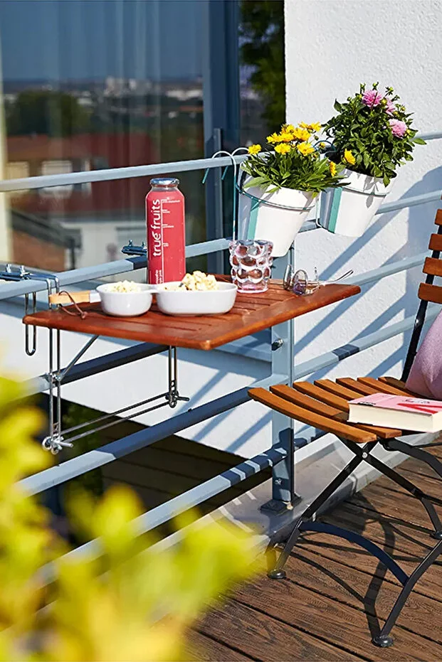 Askılı Katlanır Balkon Masası Ahşap Ayarlanabilir Mekanizmalı 60x40cm